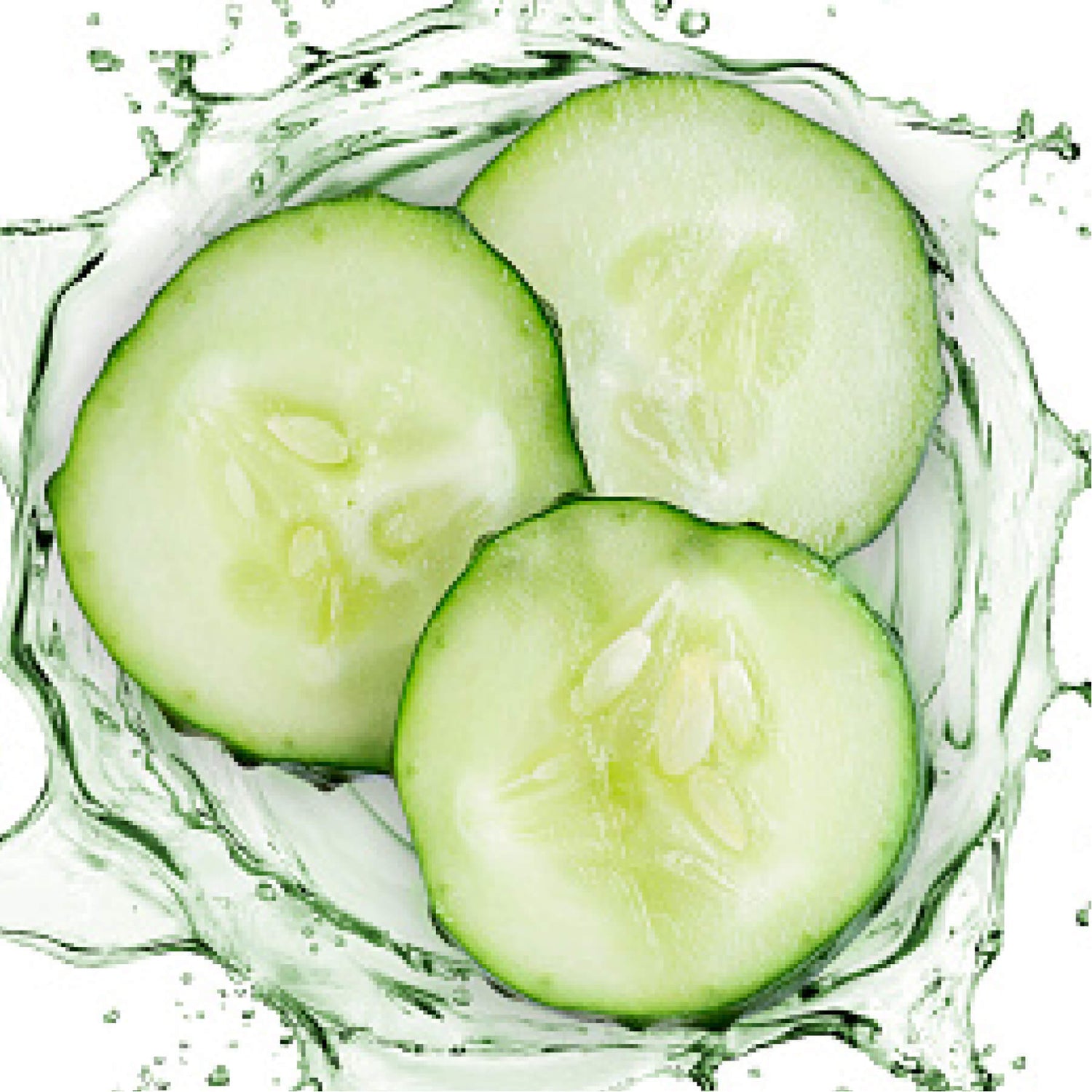 Three cucumber slices with water splashes around them.